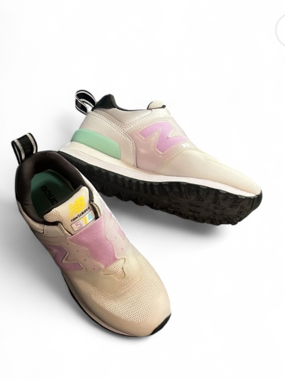 New Balance 574 Slip On Sneakers White with Lavender and Teal
